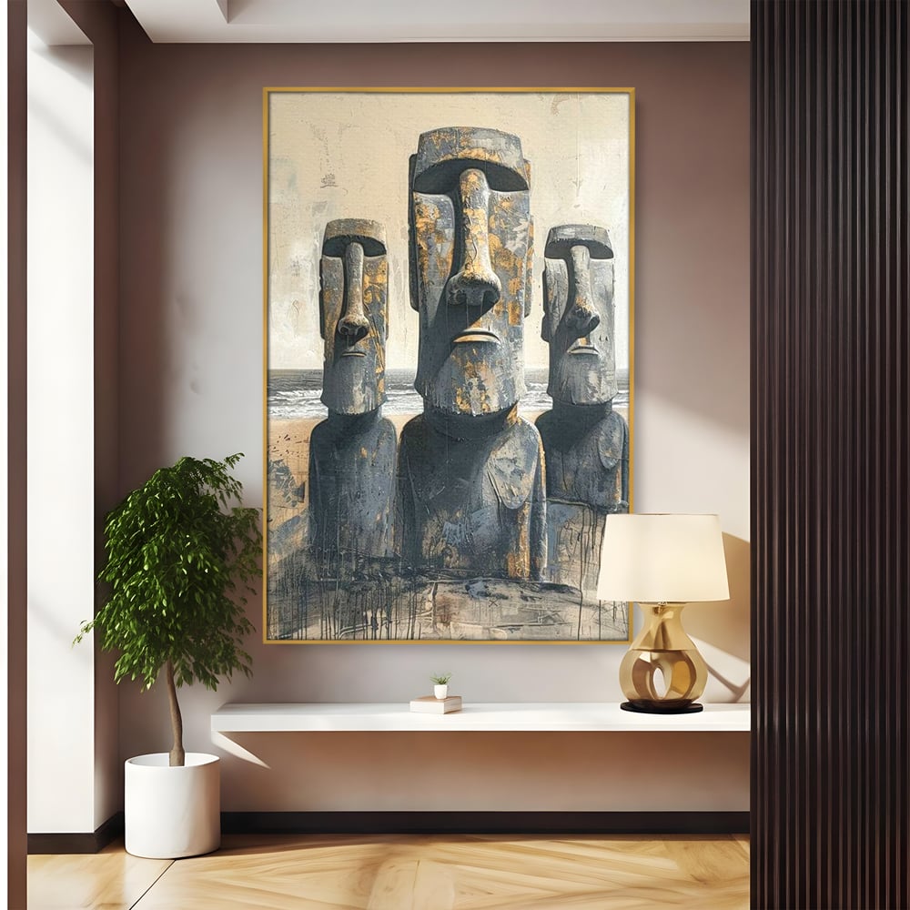 Tablou canvas cu statui moai din piatra, in rama de aluminiu auriu